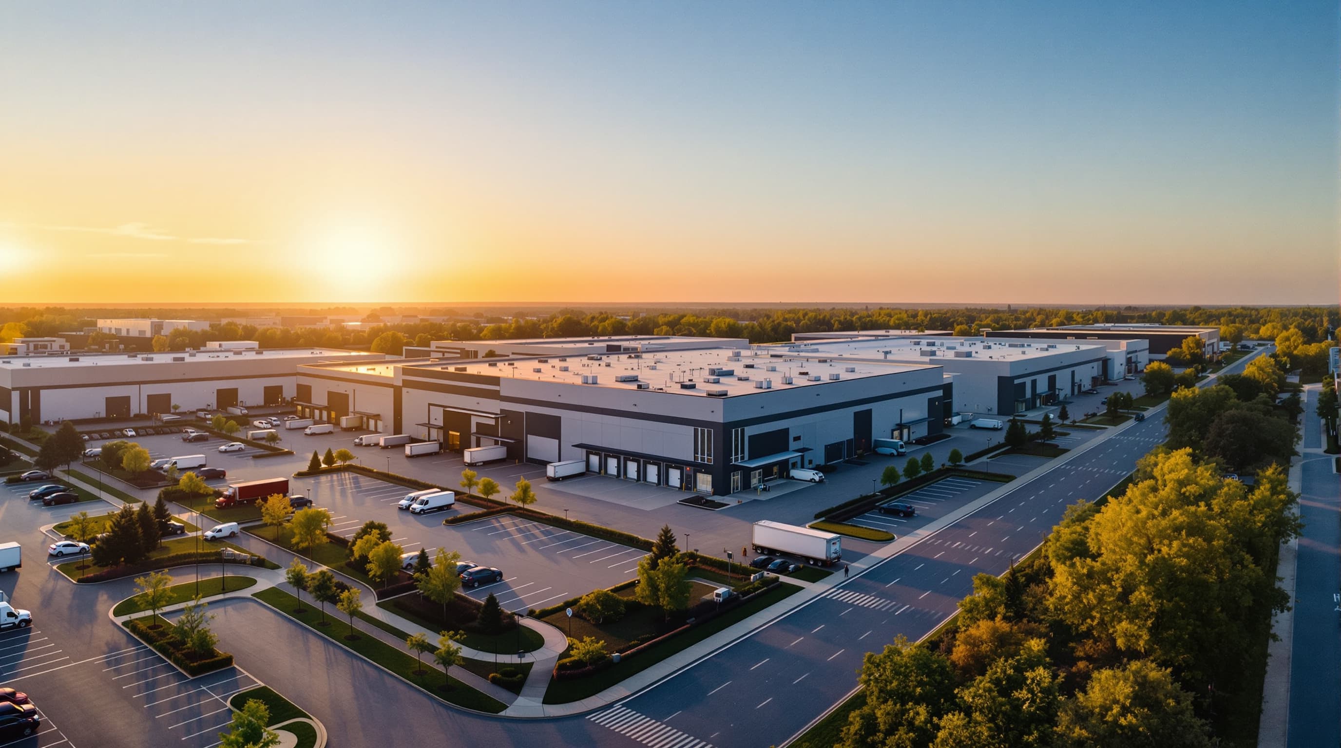 Aerial view of industrial park at sunset